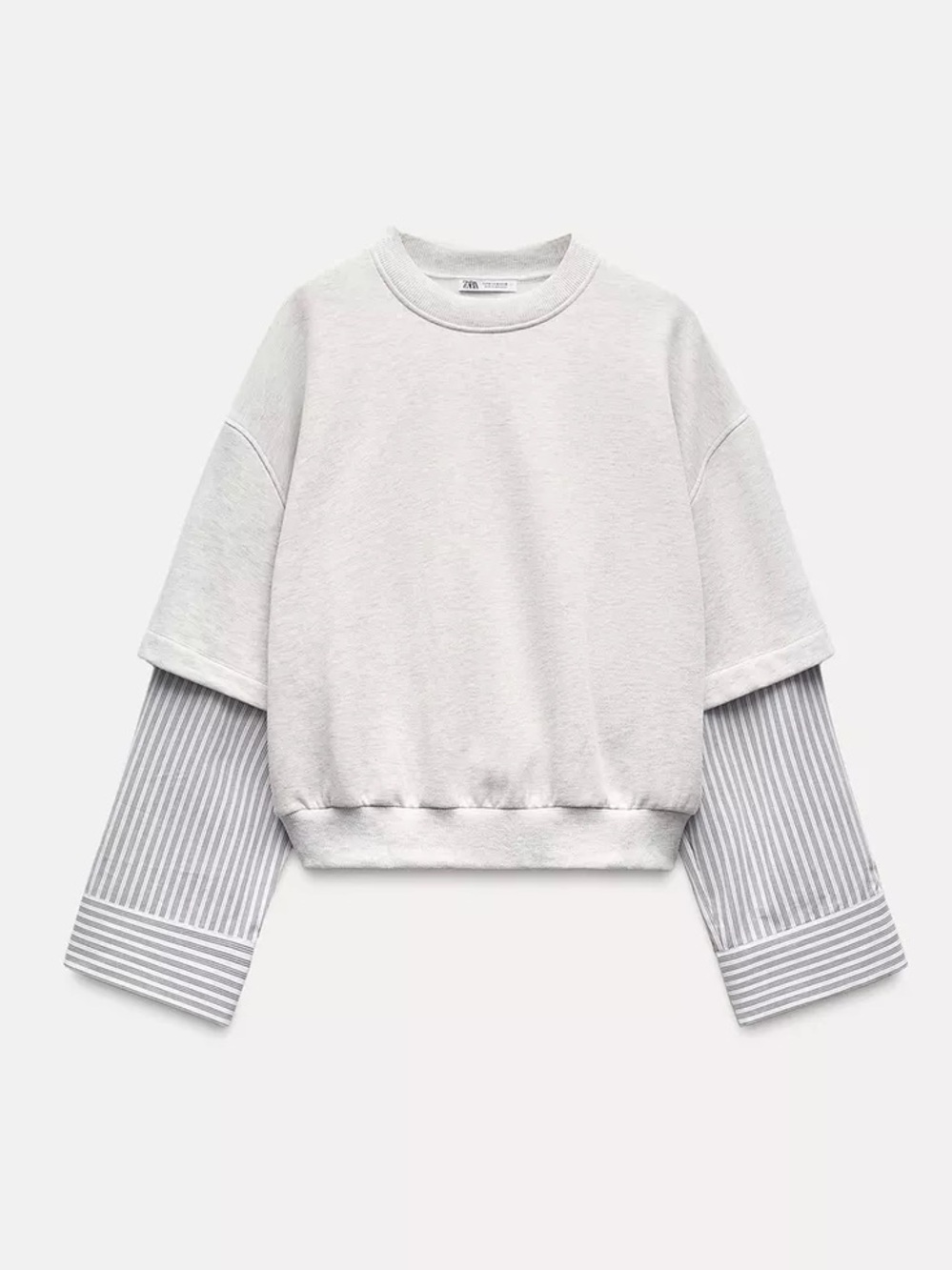 Zara Combination Layered Grey Cropped Sweatshirt with Striped Sleeve Detail
